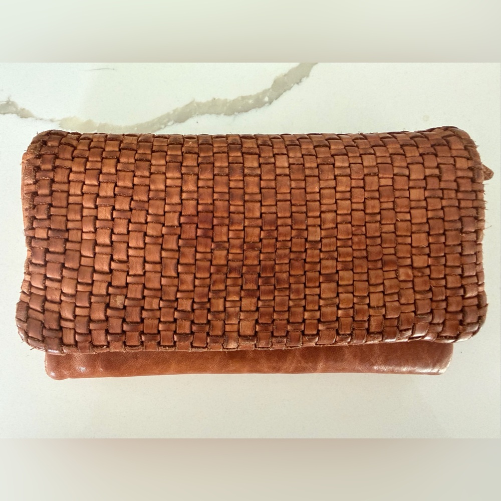 Vintage Genuine Soft Leather Fold Over Woven Wallet